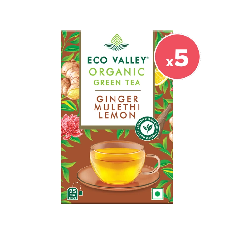 Eco Valley Ginger Mulethi Lemon Green Tea Bags - Pack of 5
