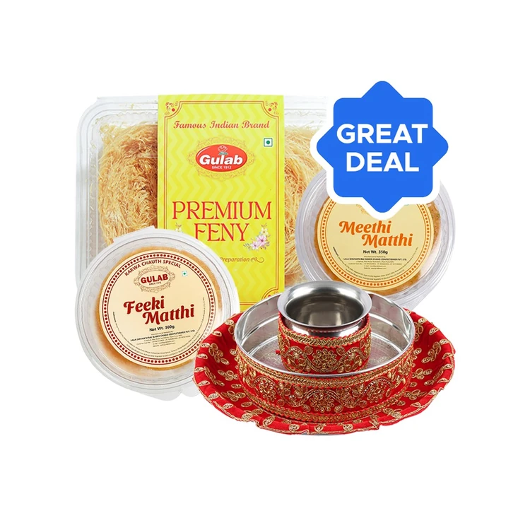 Fikki + Meethi + Premium Fikki Feny + Steel Karwa Thali Combo