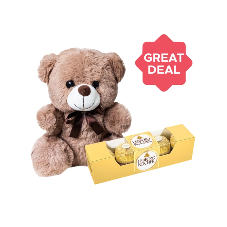 Urbanfix Fuzzy Teddy Bear (Brown) + Ferrero Rocher Gift Pack (4 pieces) Combo