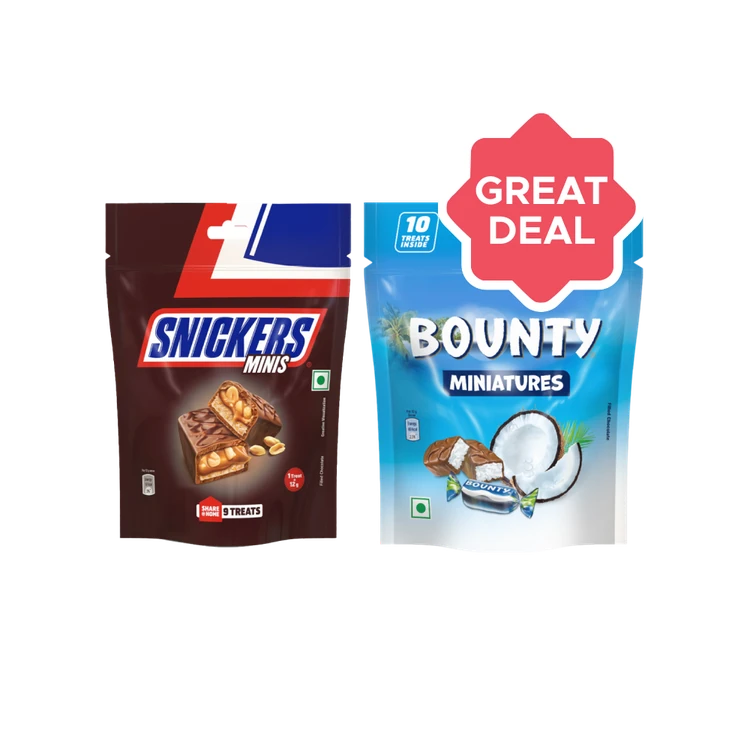 Snickers Shareable Bites Chocolate Pack + Bounty Miniatures Coconut Filled Chocolate Pack Combo