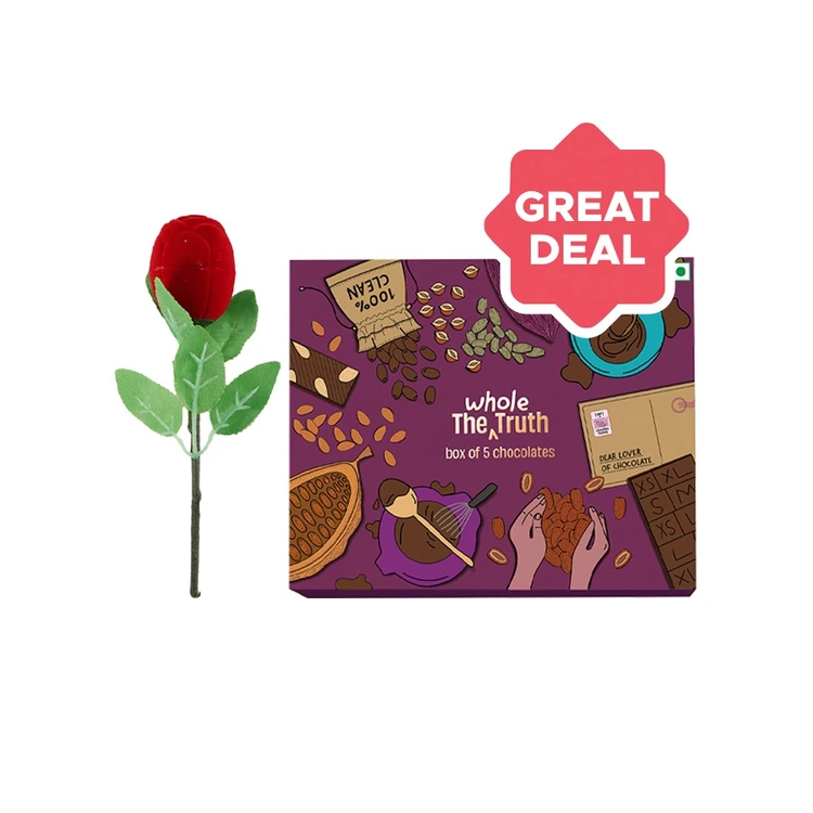 The Whole Truth Box of 5 Assorted Chocolate + Red Artificial Rose Shape Ring Box - Urban Fest Combo
