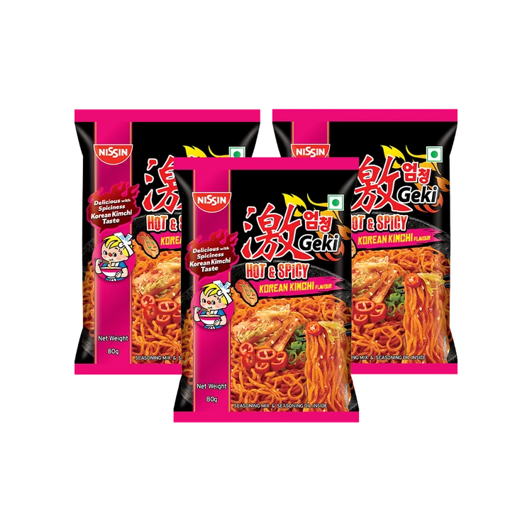 Nissin Geki Hot & Spicy Korean Kimchi Flavoured Instant Noodles - Pack of 3