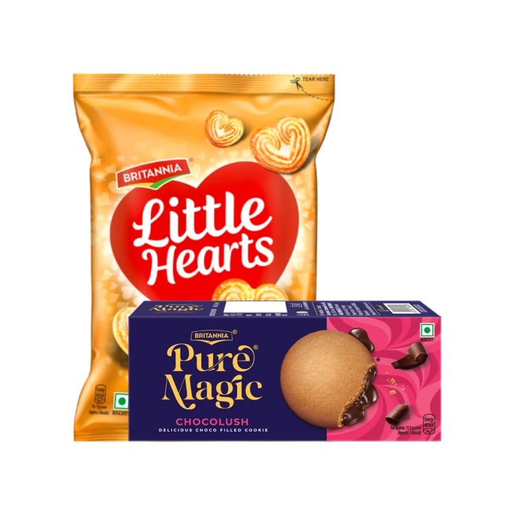 Britannia Little Hearts Classic Crunch Biscuit + Britannia Pure Magic Chocolush Center Filled Cookies (75 g) Combo