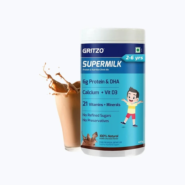 Gritzo Supermilk Overall Growth with 6 g Protein Drink Mix (Double Chocolate, 2-6 years)
