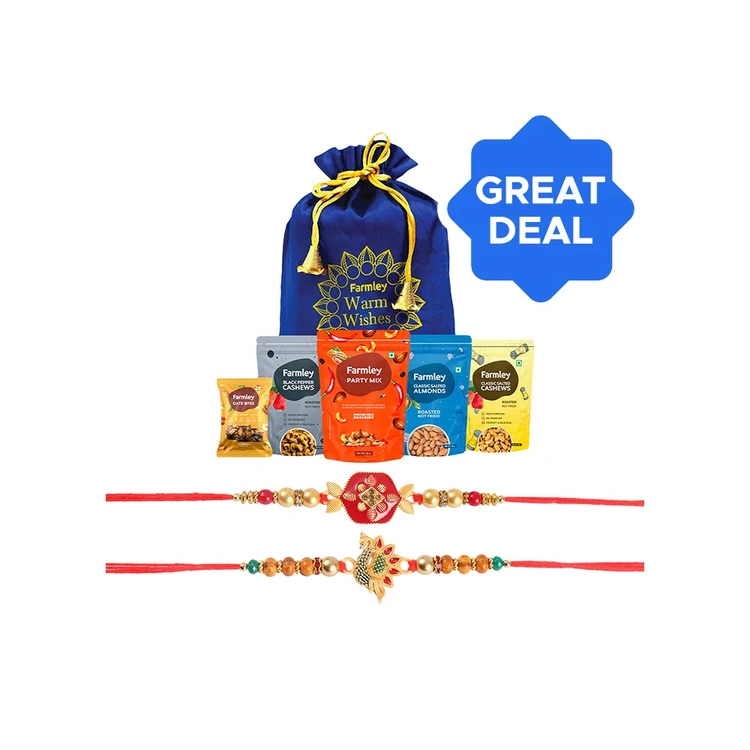 Enamelled & Beaded Rakhi (Red & Gold) by Shree Rakhi + Farmley Mix Dry Fruit Gift Pack Potli Combo