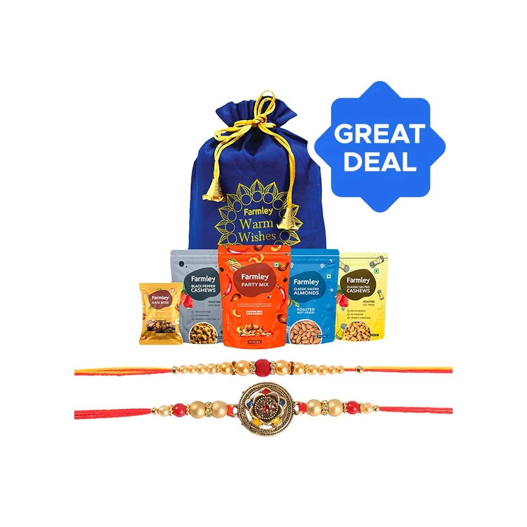 Enamelled & Beaded Rakhi (Red & Yellow) by Shree Rakhi + Farmley Mix Dry Fruit Gift Pack Potli Combo