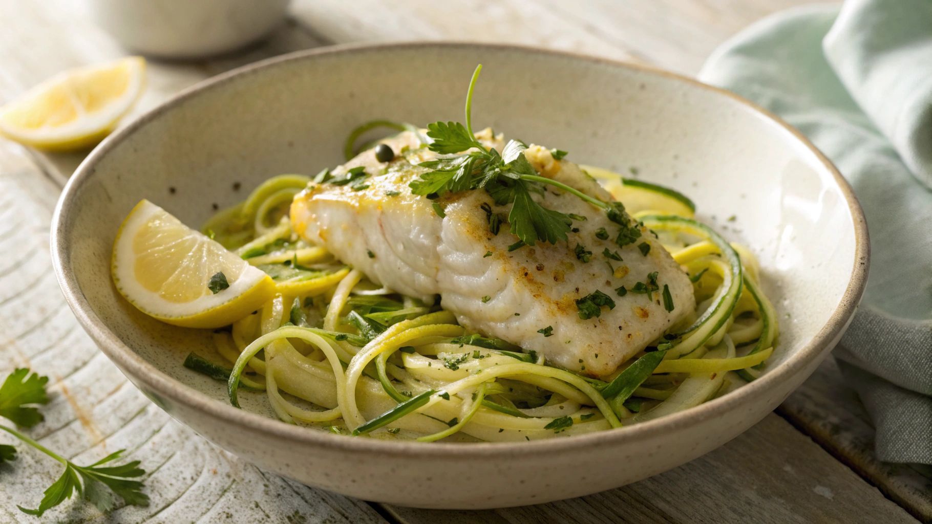 Keto Air Fryer Lemon Cod With Garlic Butter Zucchini Noodles