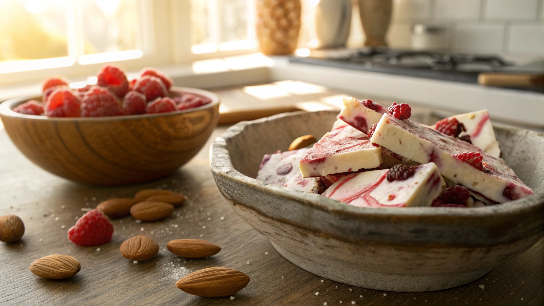 Keto Almond And Raspberry Frozen Yogurt Bark