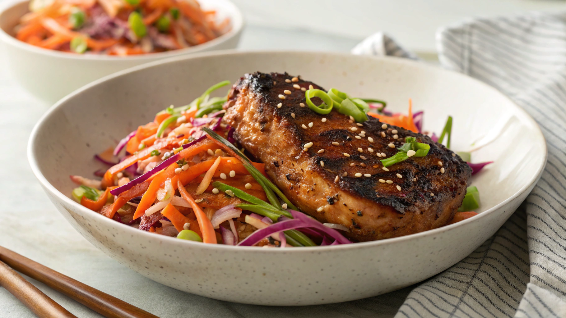 Keto Asian Chili Pork Chops with Sriracha Slaw
