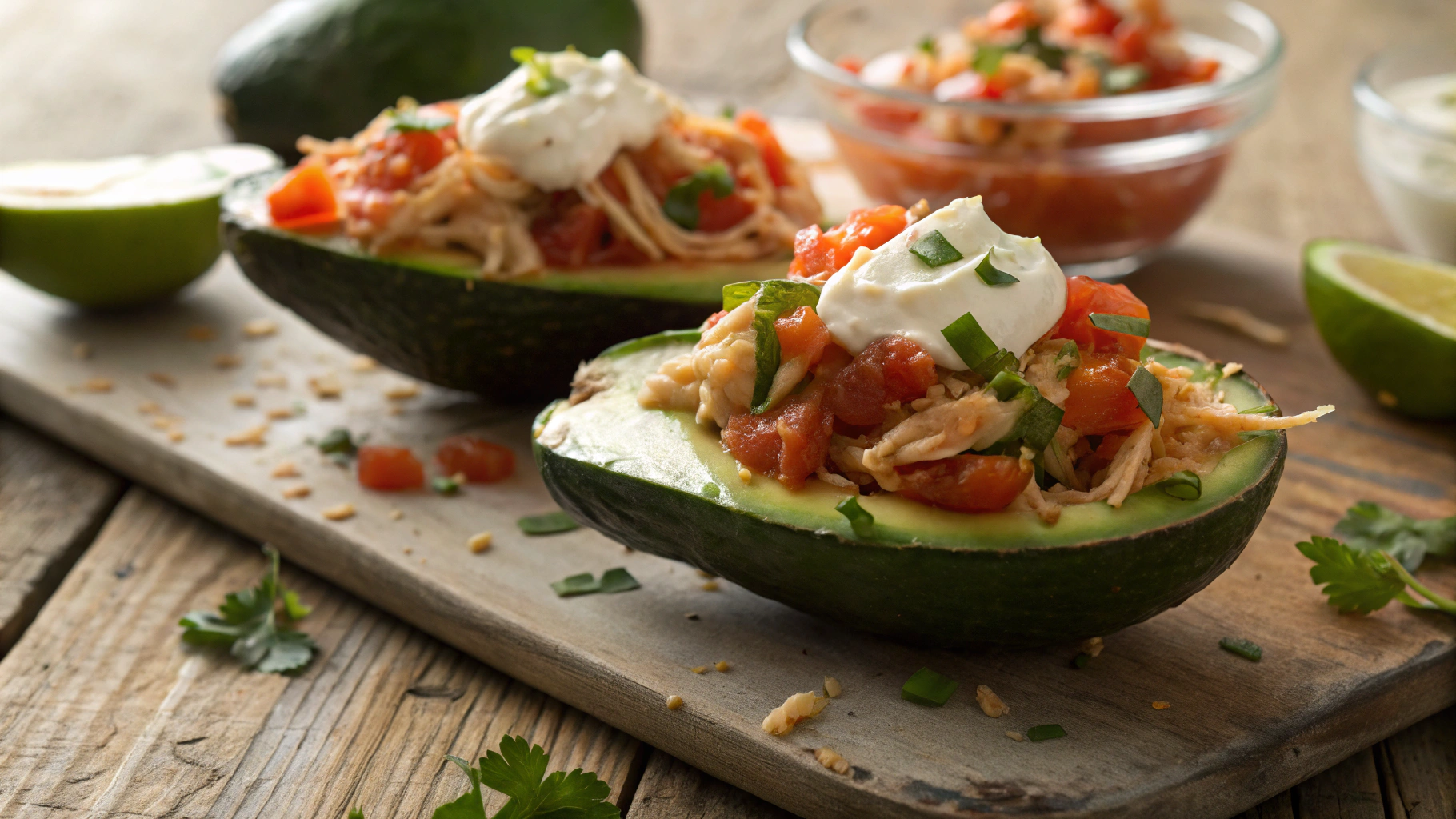 Keto Avocado Boats With Chicken, Salsa And Sour Cream