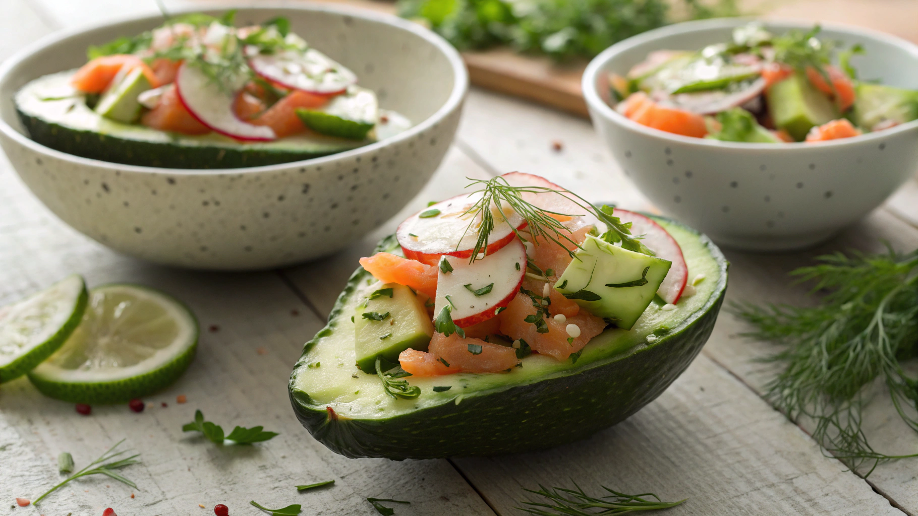 Keto Avocado Boats With Smoked Salmon, Radish And Cucumber