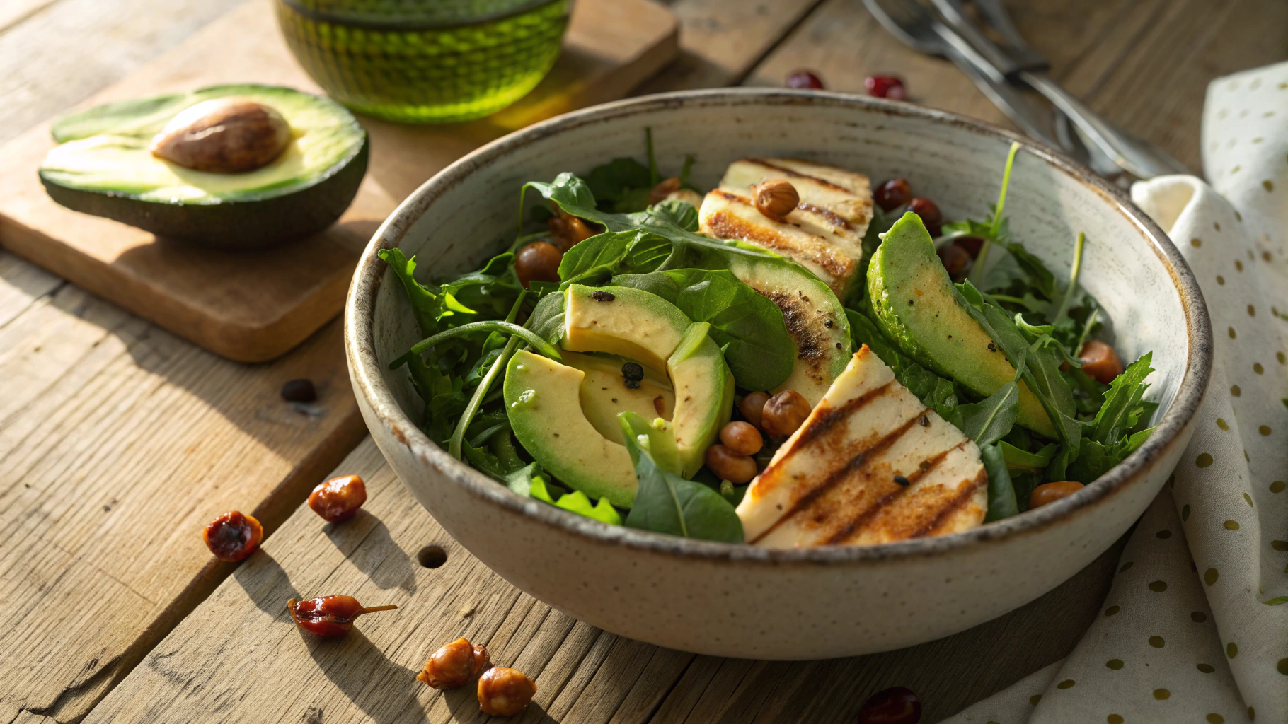 Keto Avocado Salad with Asparagus, Kale and Halloumi