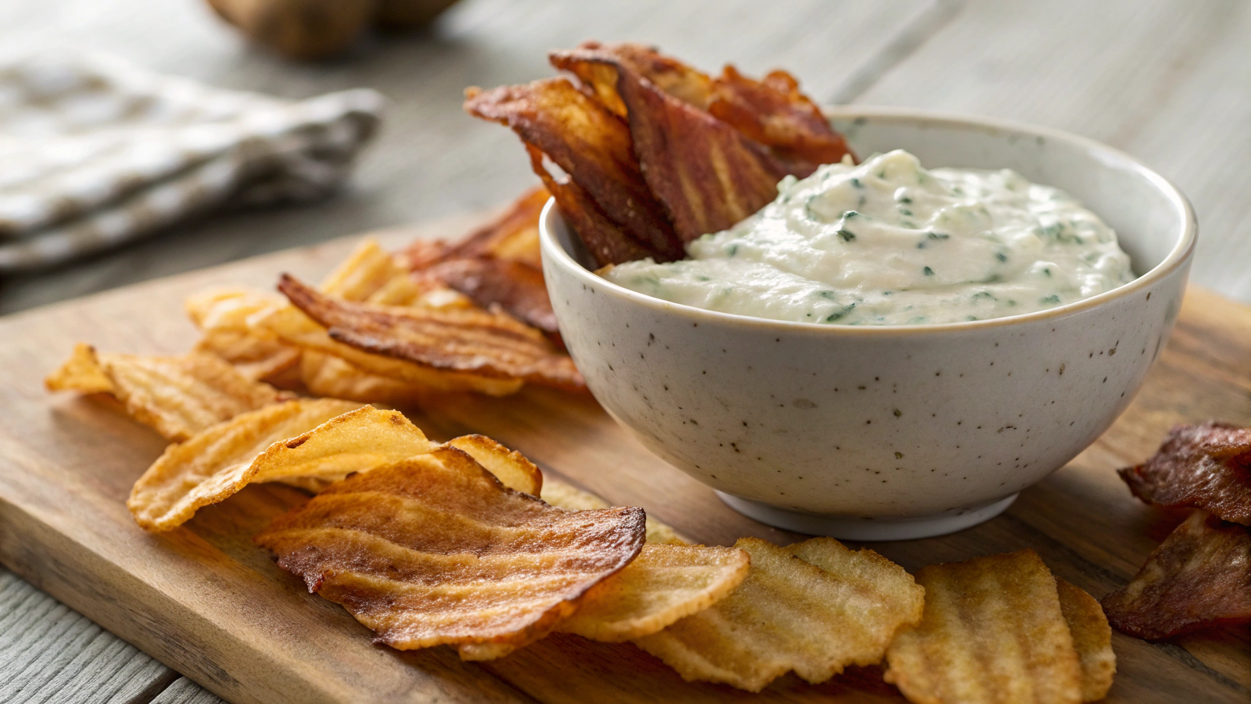 Keto Bacon Chips with Blue Cheese Dip