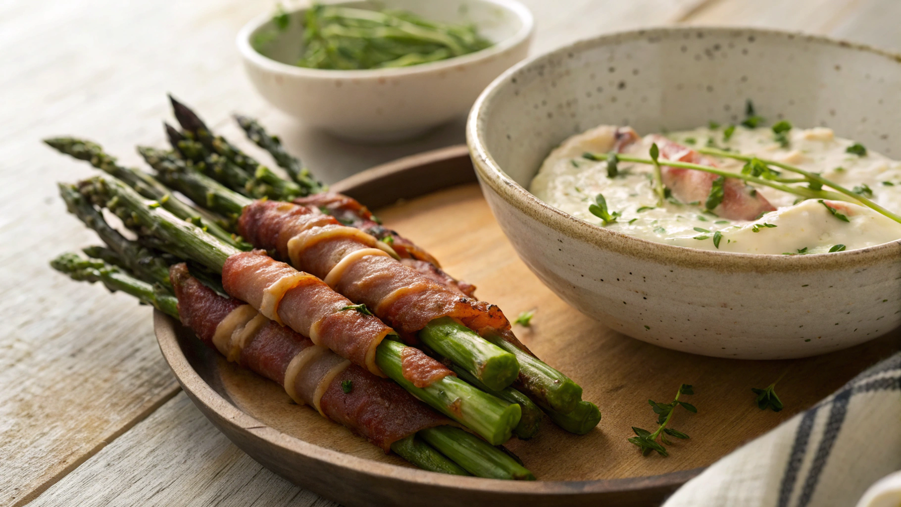 Keto Bacon Wrapped Asparagus With Cheese And Pancetta Dip