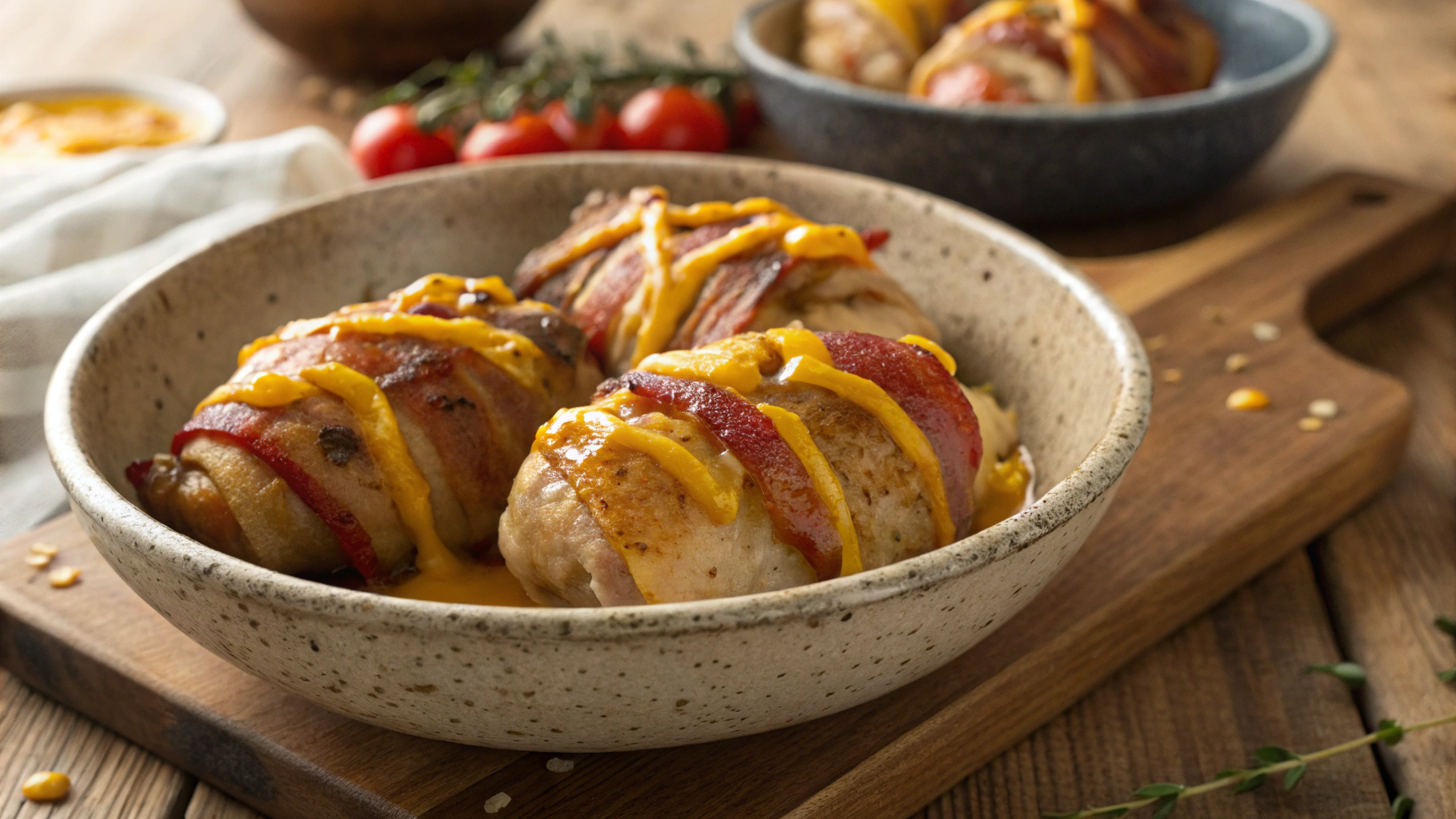 Keto Bacon Wrapped Chicken Thighs With Cheddar Sauce