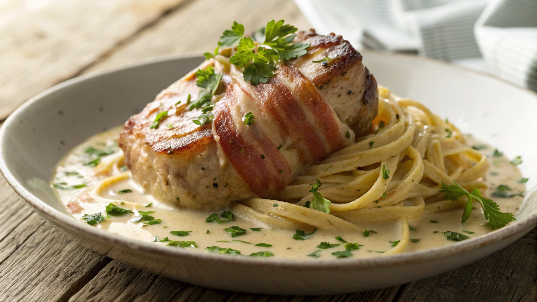 Keto Bacon Wrapped Pork Carbonara