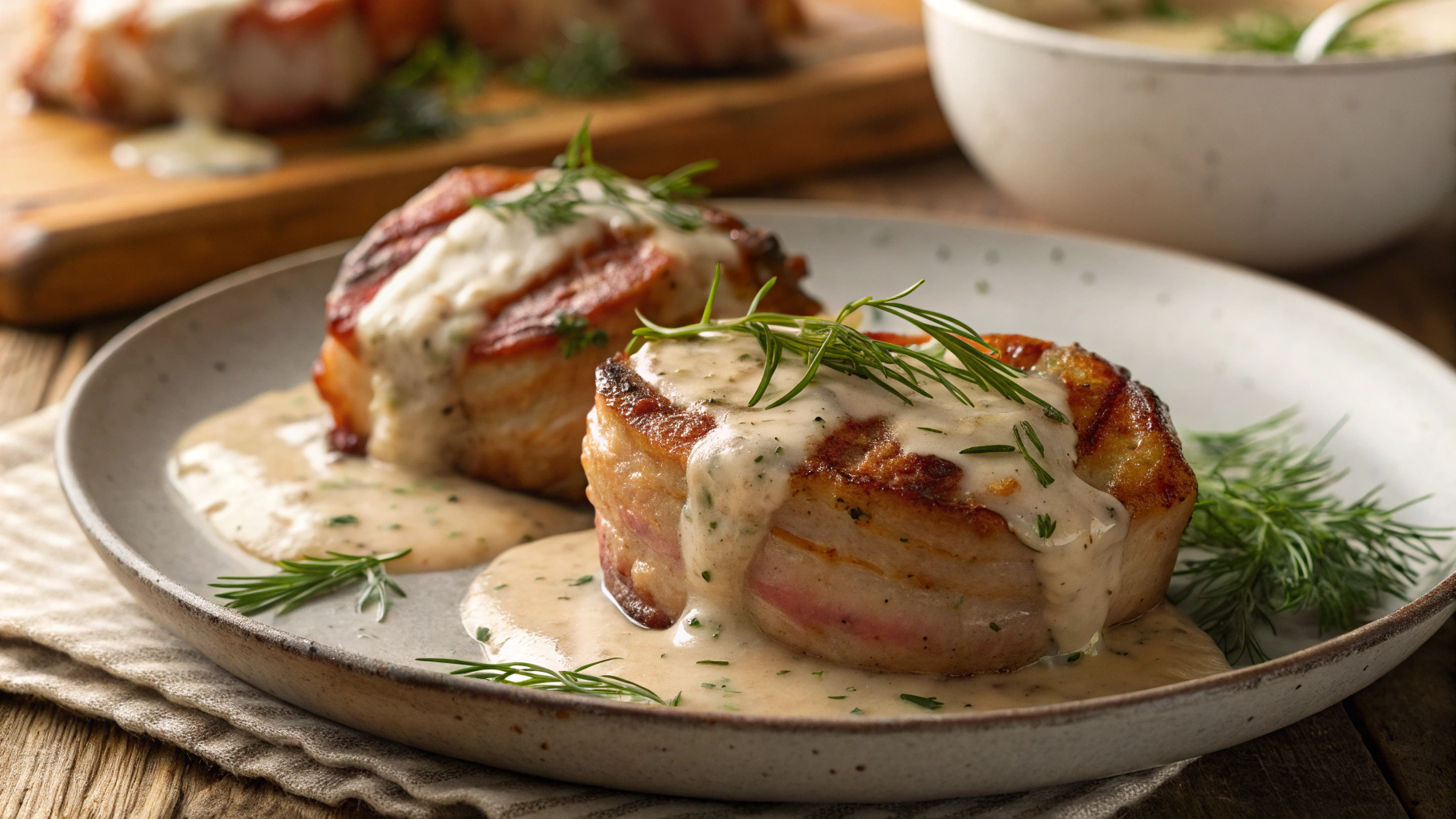 Keto Bacon Wrapped Pork Chops with Polish Gravy