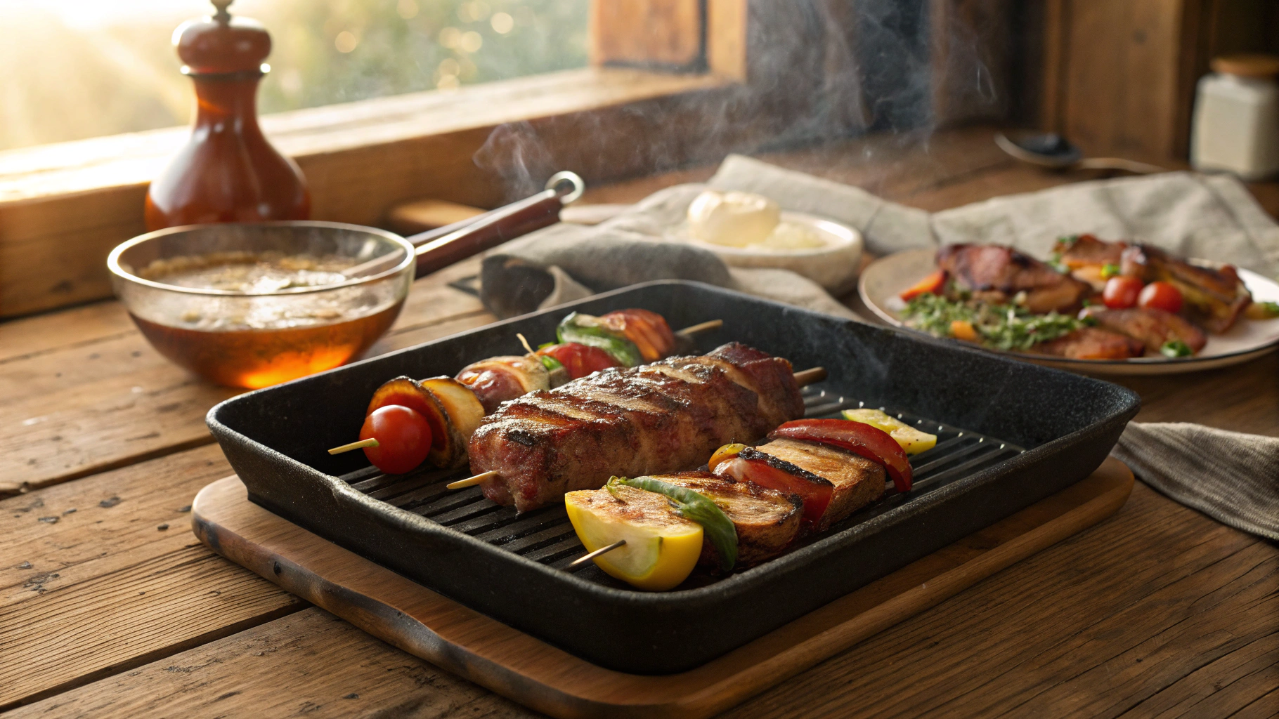 Keto Bacon Wrapped Ribs w Vegetable Kebabs