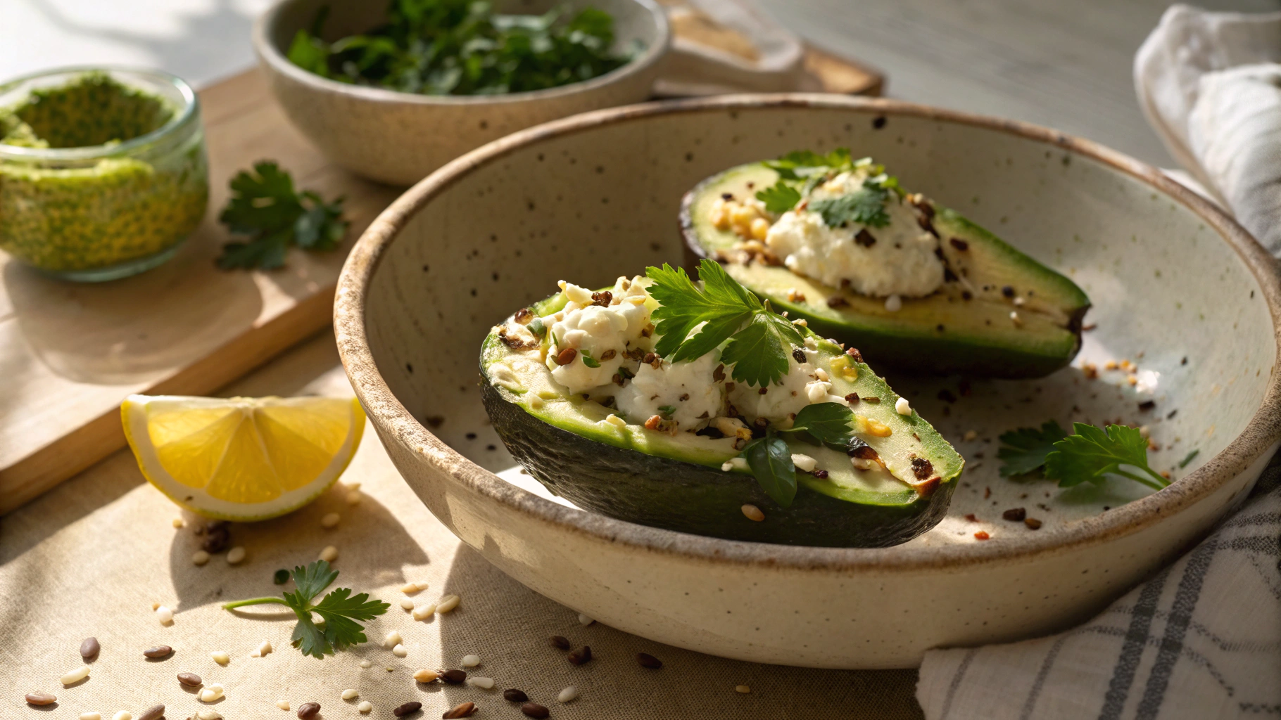 Keto Baked Avocado with Feta, Tomatoes and Broccoli