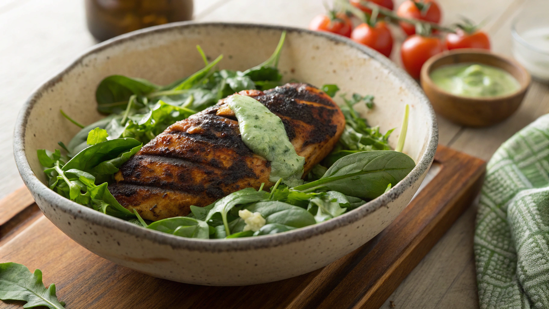 Keto Blackened Chicken Spinach Salad W/ Verde Butter Sauce