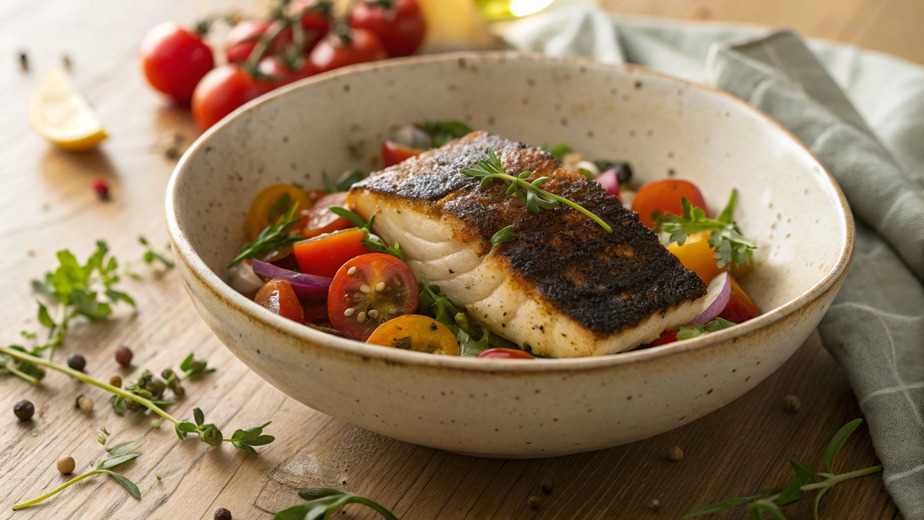 Keto Blackened Cod w Mediterranean Side Salad