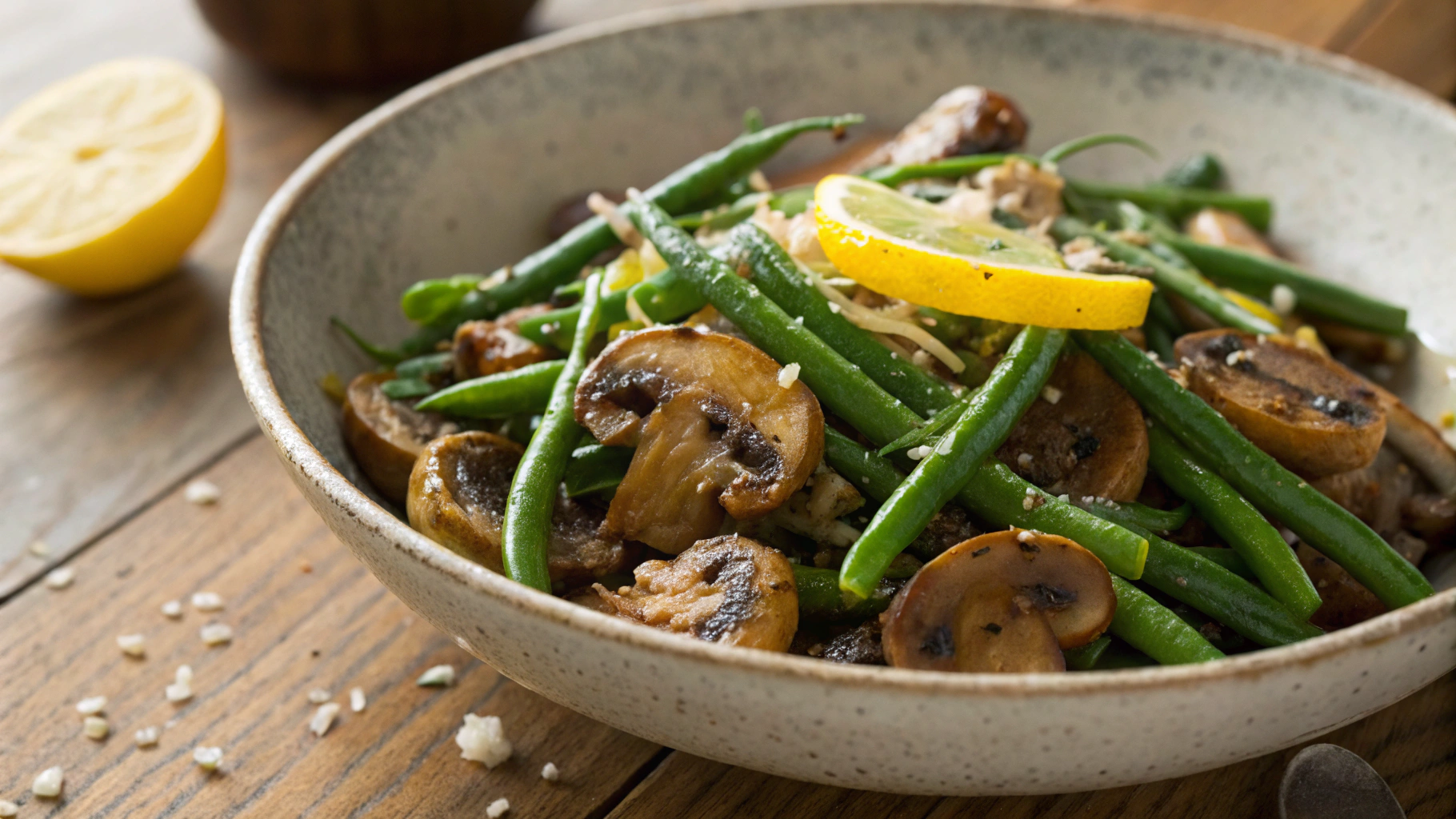 Keto Buttery Mushrooms and Green Beans with Lemon and Parmesan