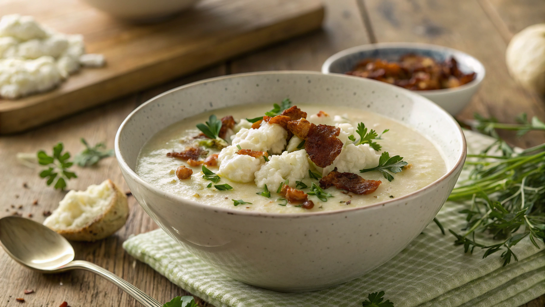 Low Carb Cauliflower Soup with Pancetta and Ricotta