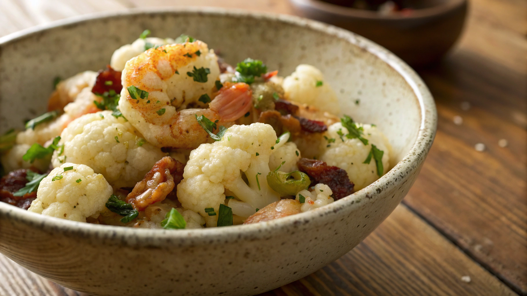 Keto Cauliflower with Shrimp and Pancetta