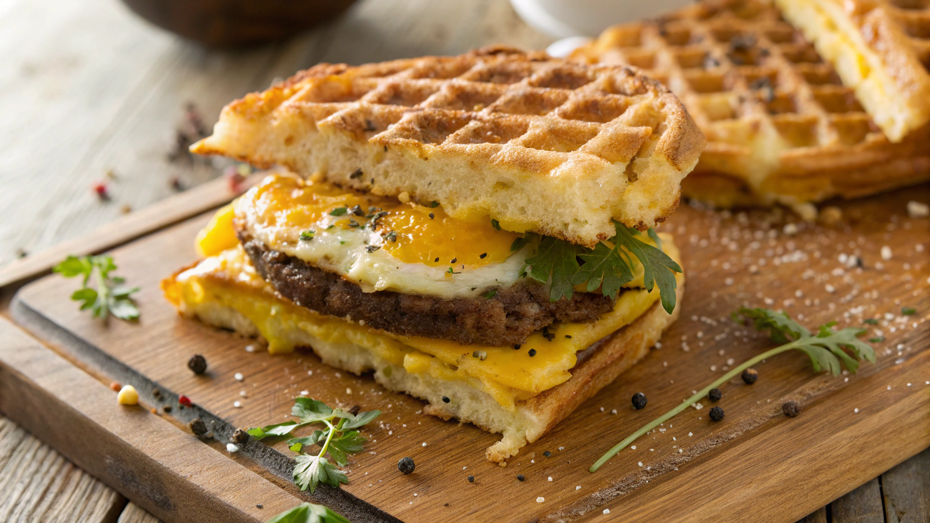 Keto Chaffle Sausage and Egg Breakfast Sandwich