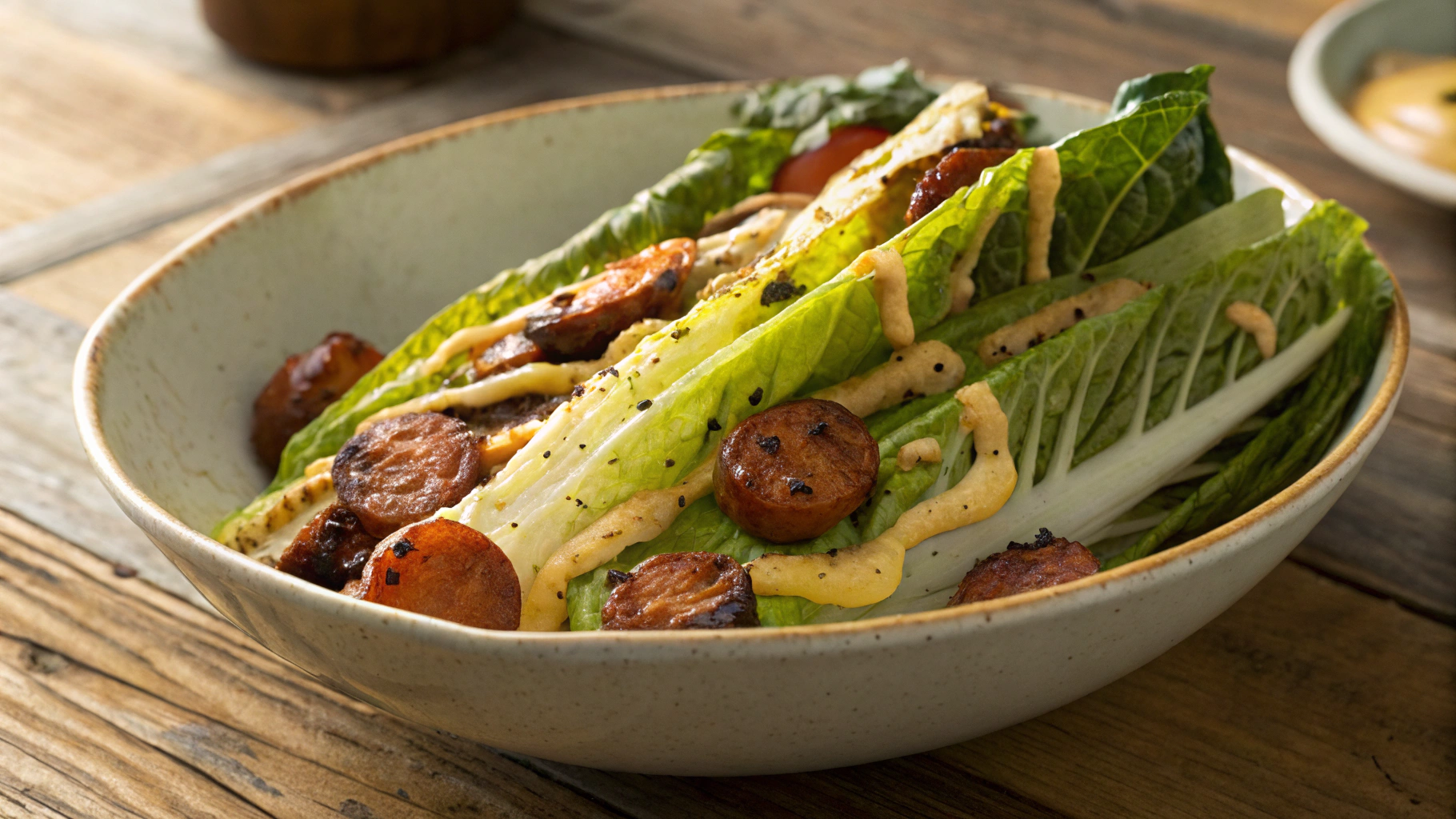 Keto Charred Romaine With Spicy Andouille Sausage And Whole Grain Mustard Aioli
