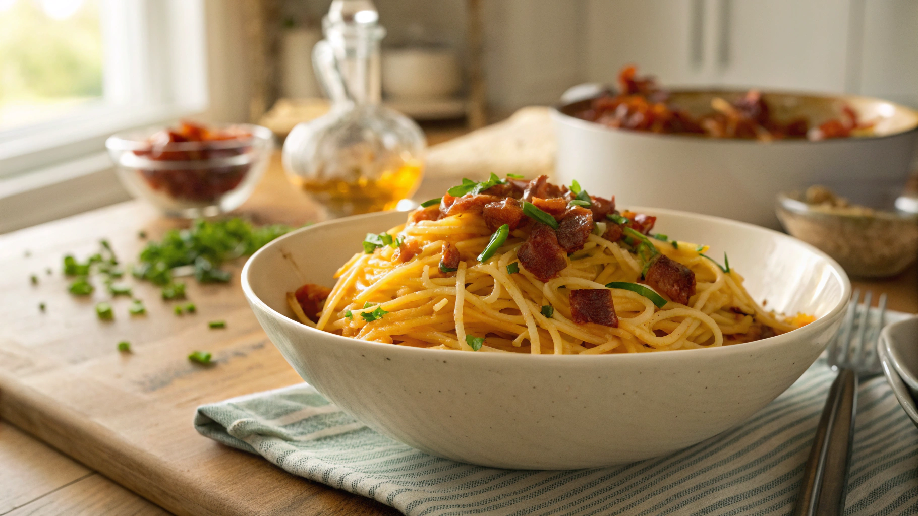 Keto Cheese and Chive Spaghetti with Bacon