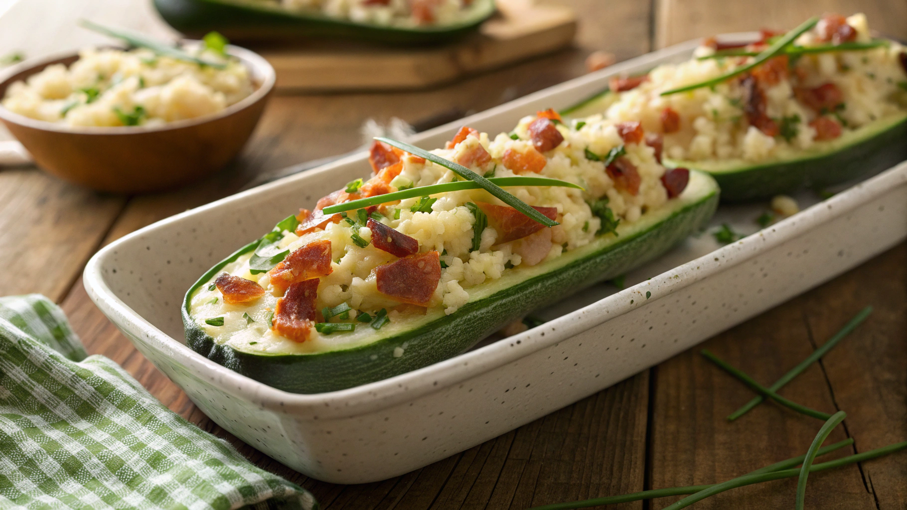 Keto Cheesy Rice Stuffed Zucchini With Bacon