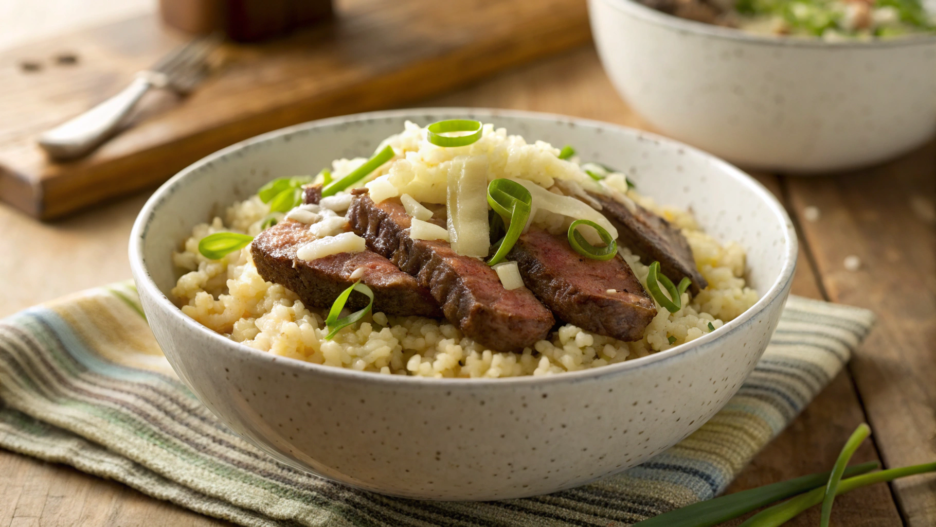 Keto Cheesy Sliced Steak and Rice Bowl