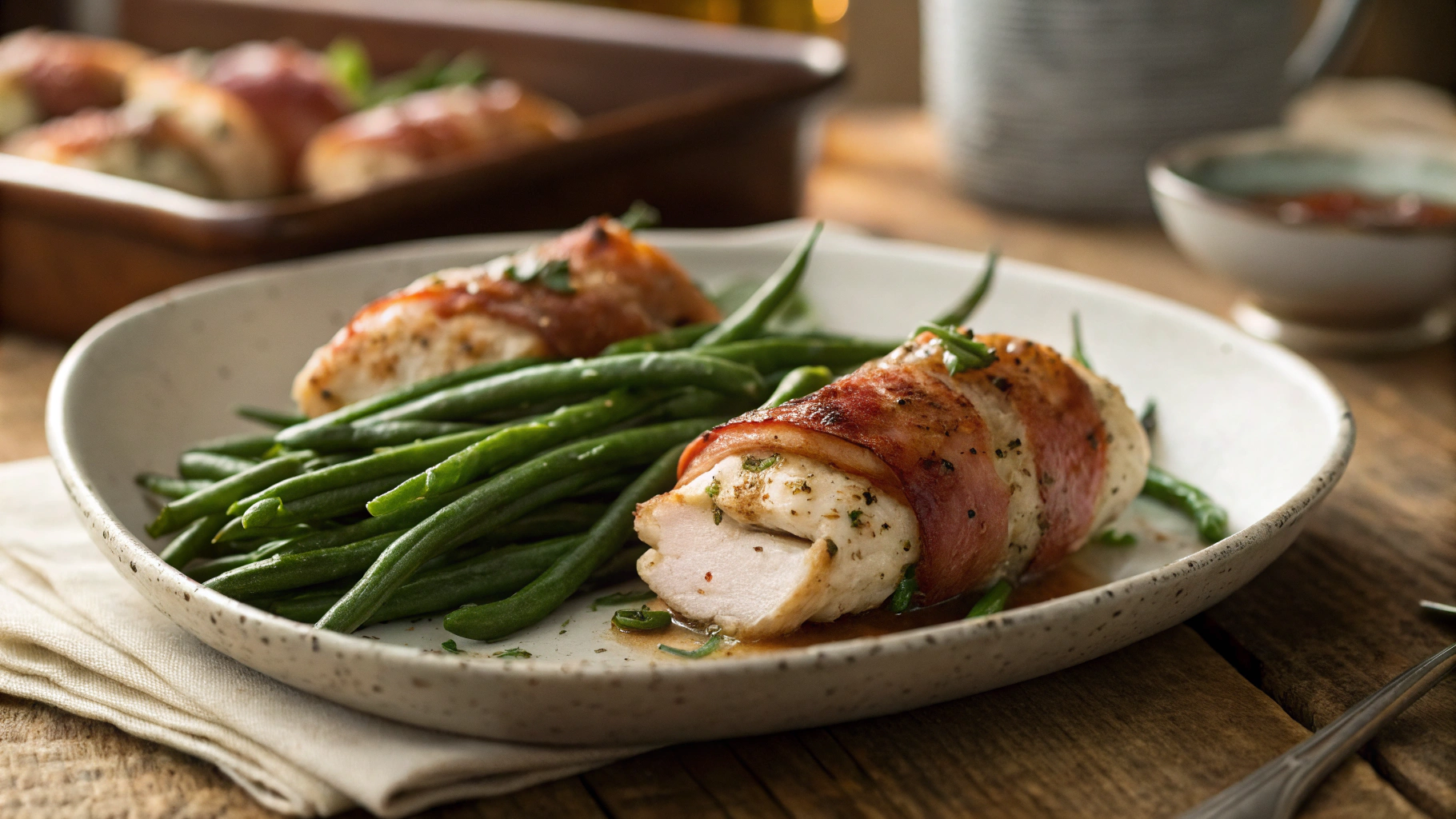 Keto Chicken and French Green Bean Bundles Wrapped In Prosciutto