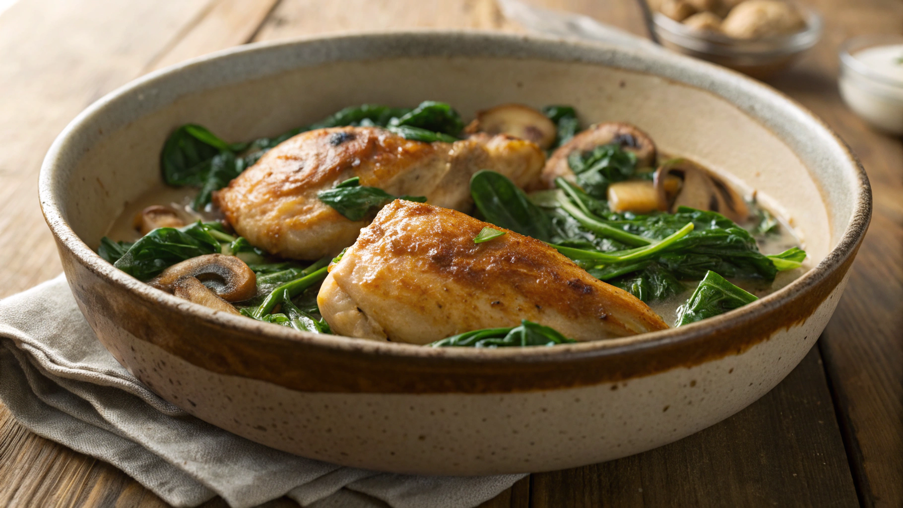 Keto Chicken and Spinach in Porcini Mushroom Sauce