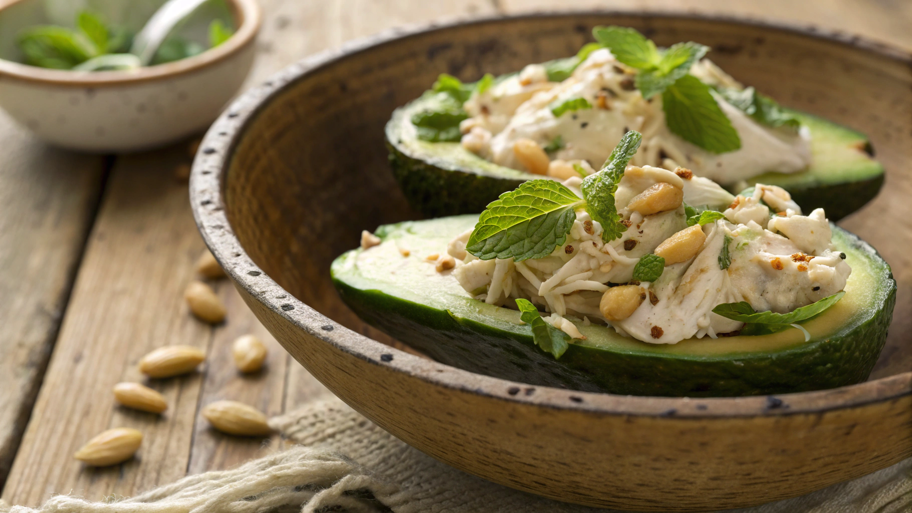 Keto Chicken Avocado Boats With Minted Tahini Yogurt And Pine Nuts