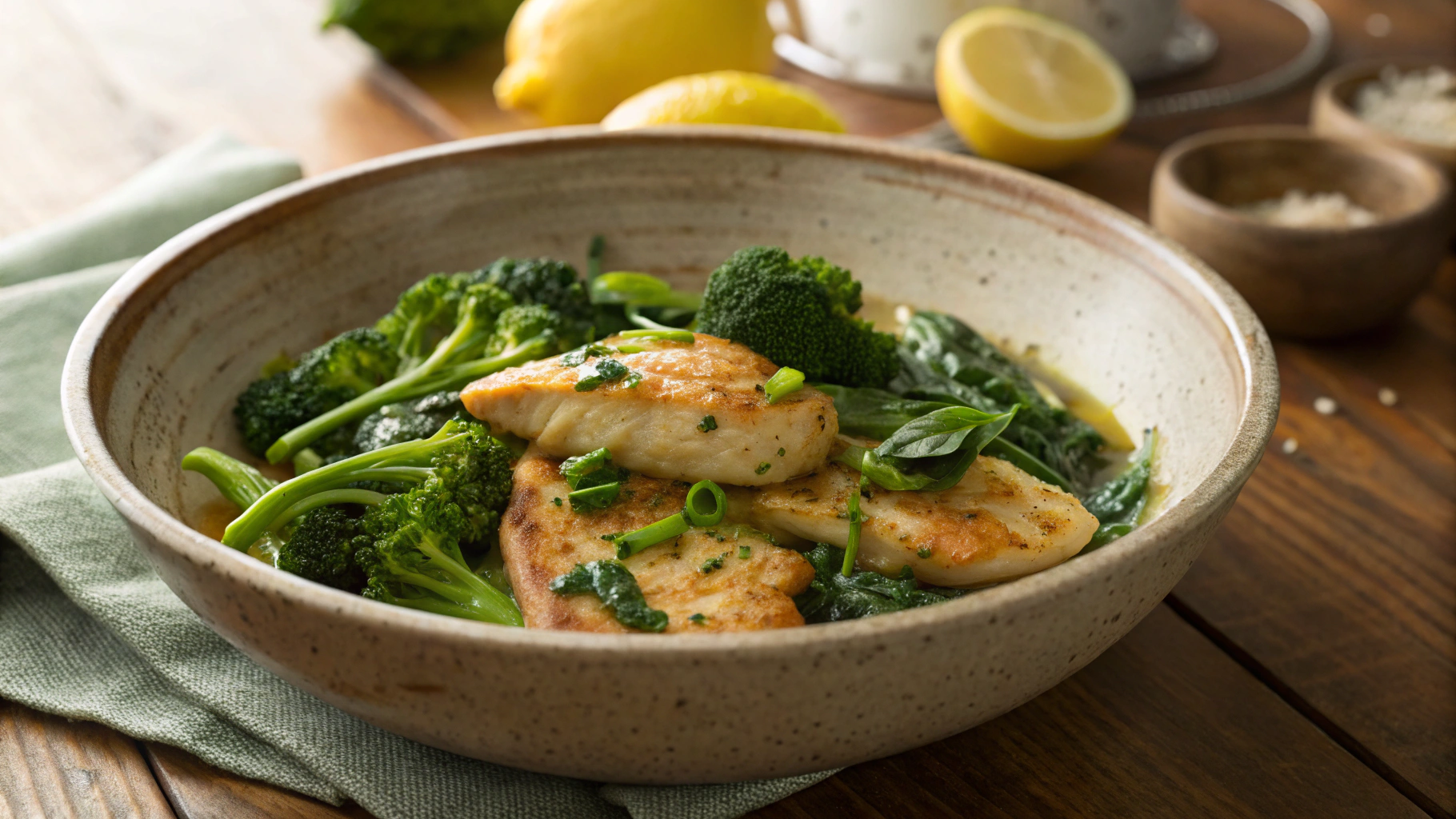 Keto Chicken Piccata with Broccoli and Spinach