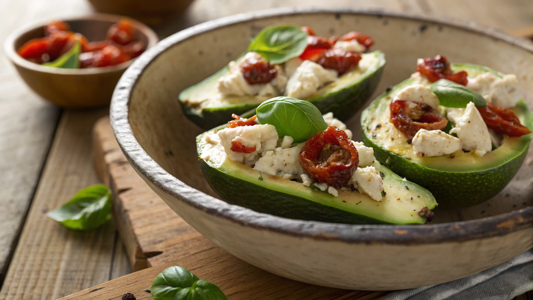 Keto Chicken Ricotta And Sundried Tomato Avocado Boats