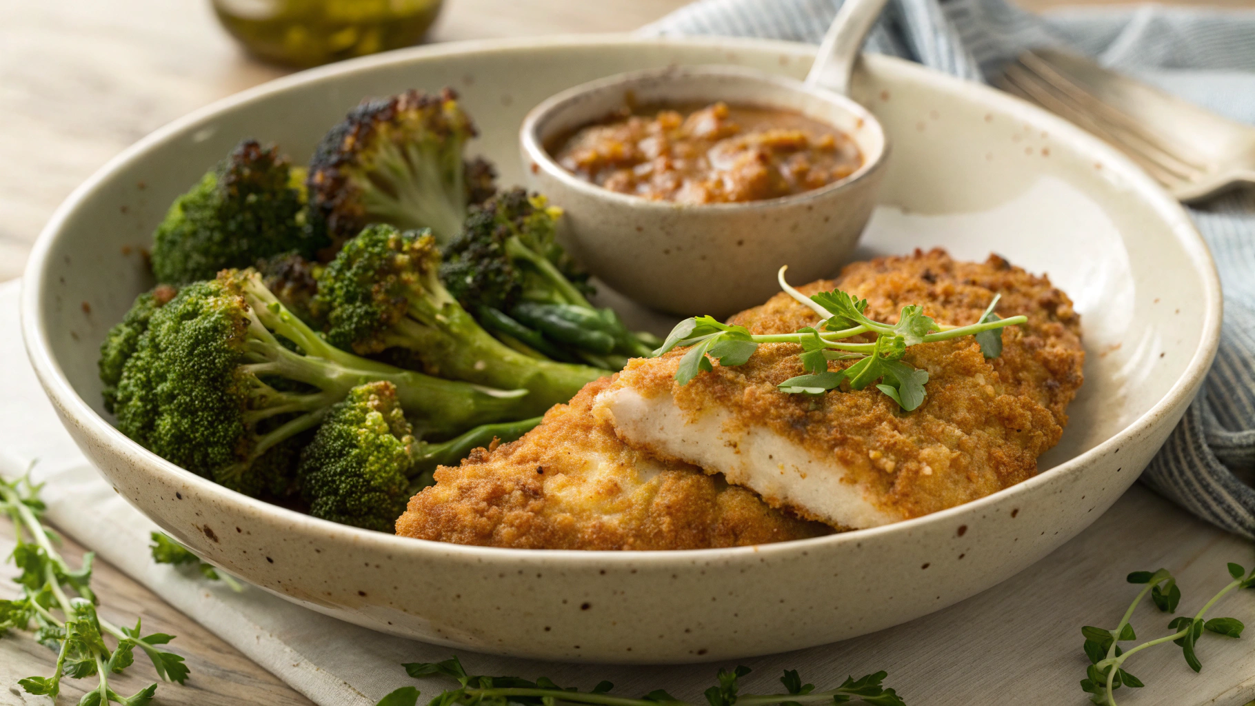 Keto Chicken Schnitzel W Spicy Brown Broccoli