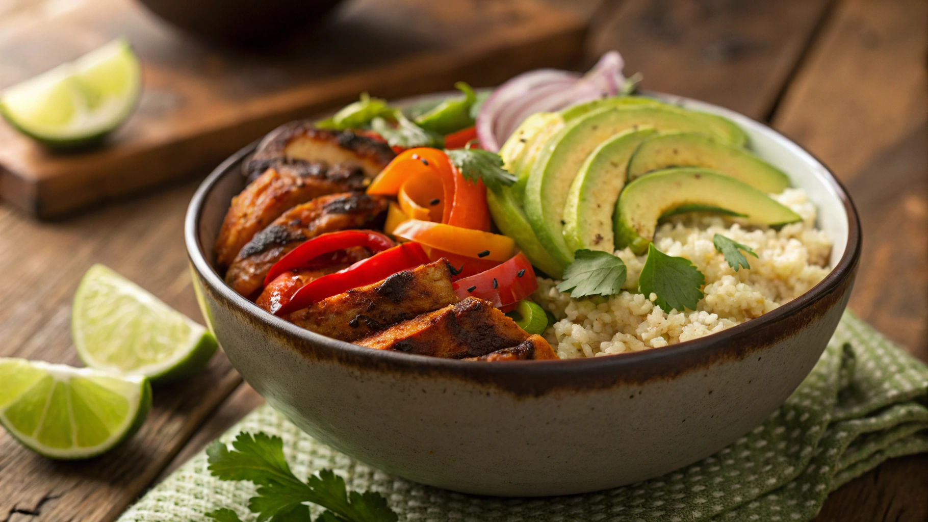 Keto Chipotle Chicken Fajita Bowl with Cilantro Lime Cauliflower Rice