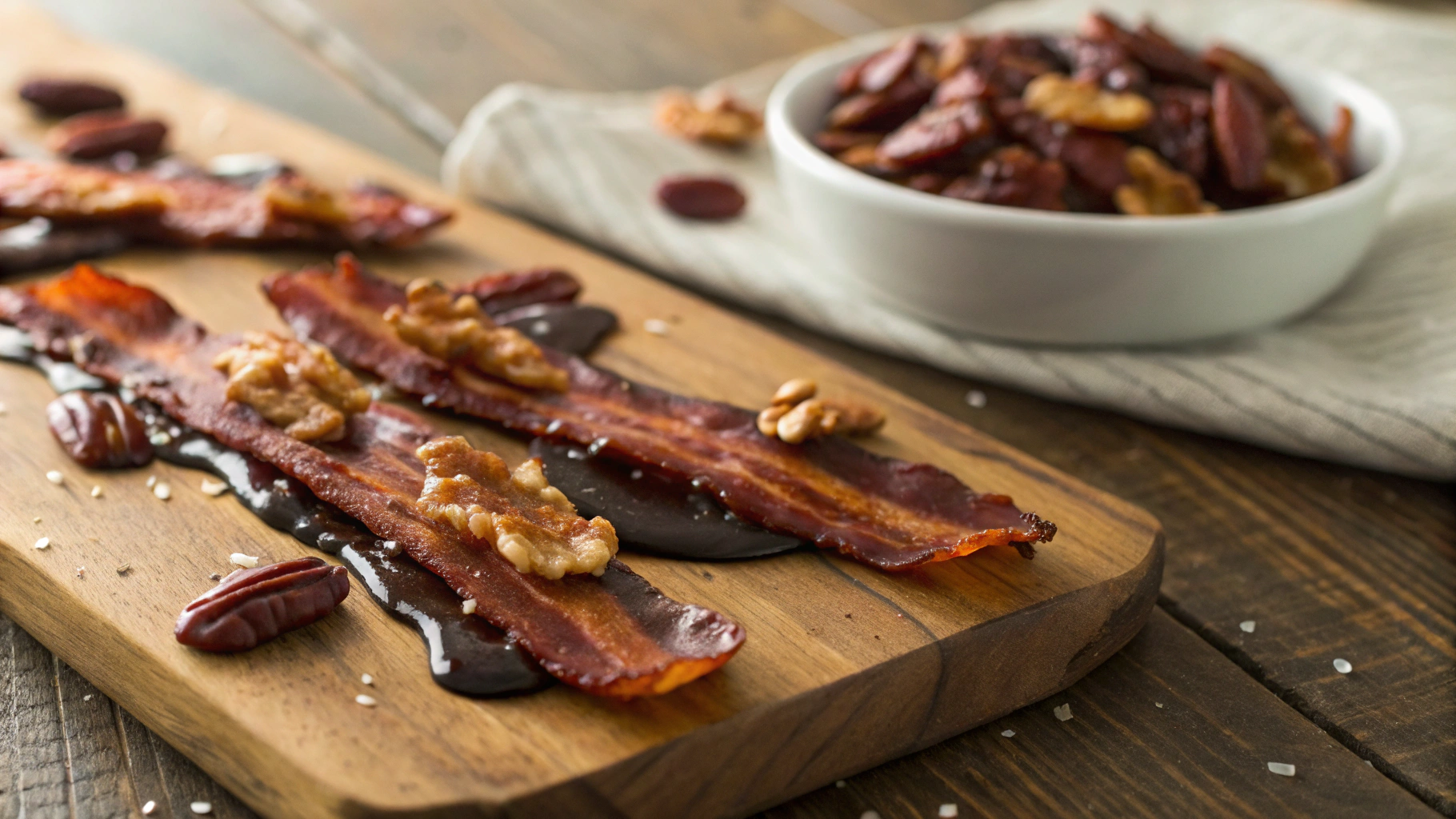 Keto Chocolate Dipped Bacon with Maple Pecans