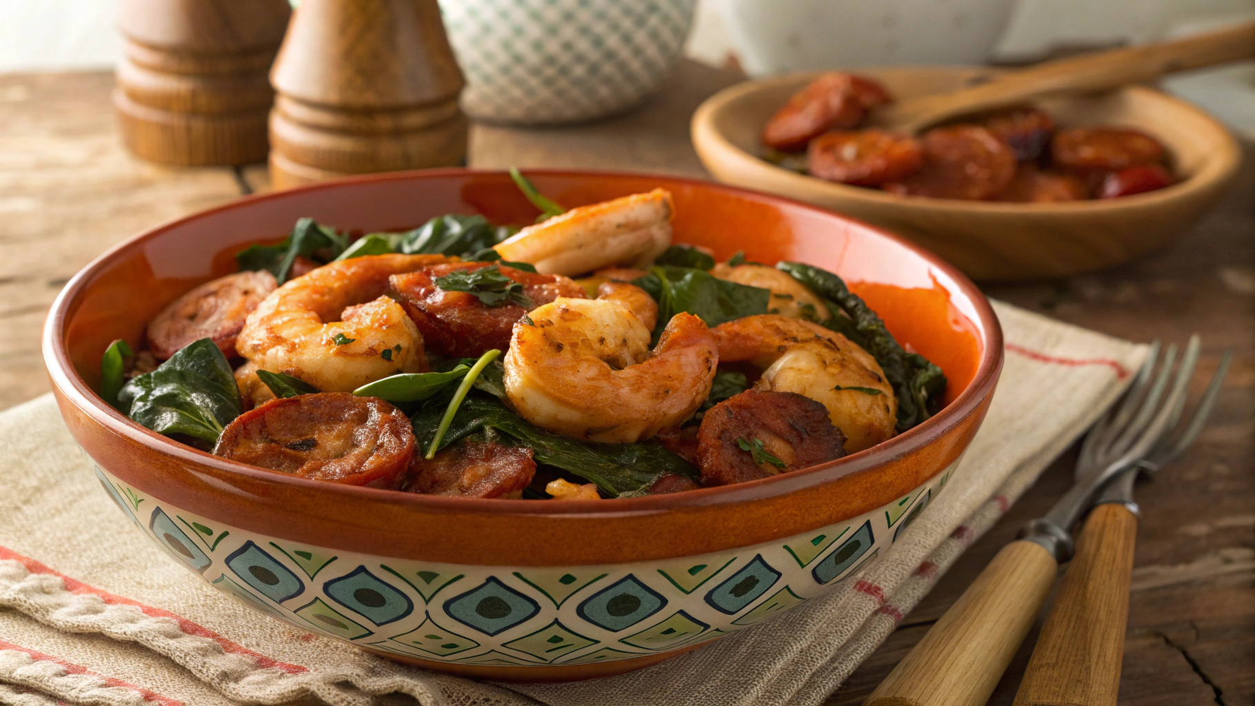 Keto Chorizo And Jumbo Shrimp With Spinach