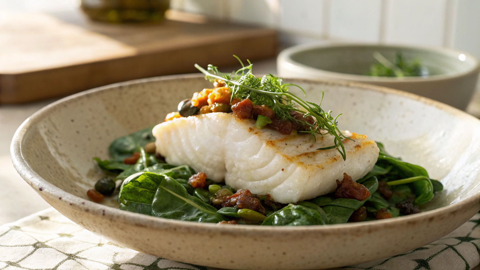 Keto Cod With Pancetta And Caper Spinach