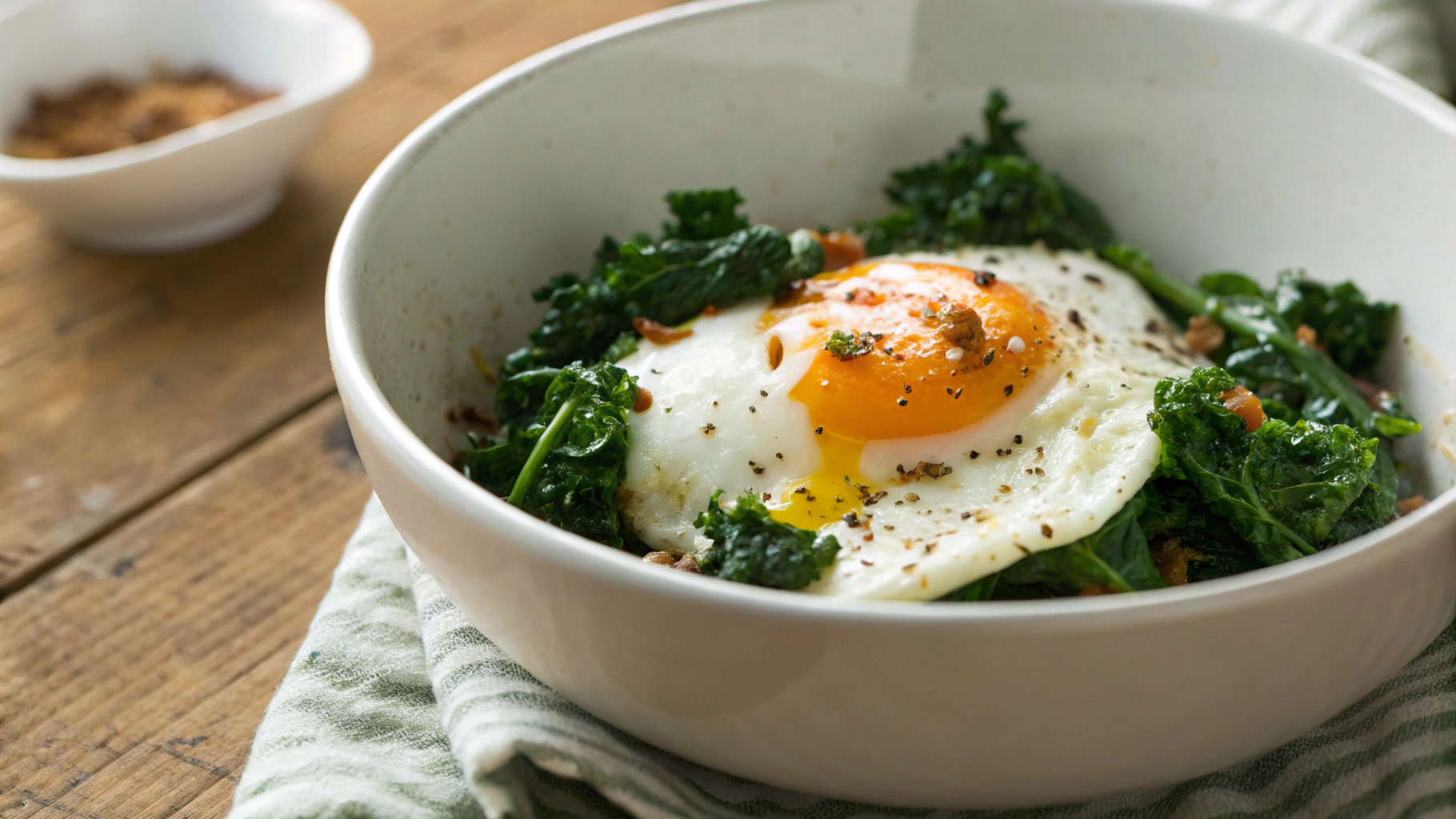 Keto Crispy Egg with Greens Over Yogurt