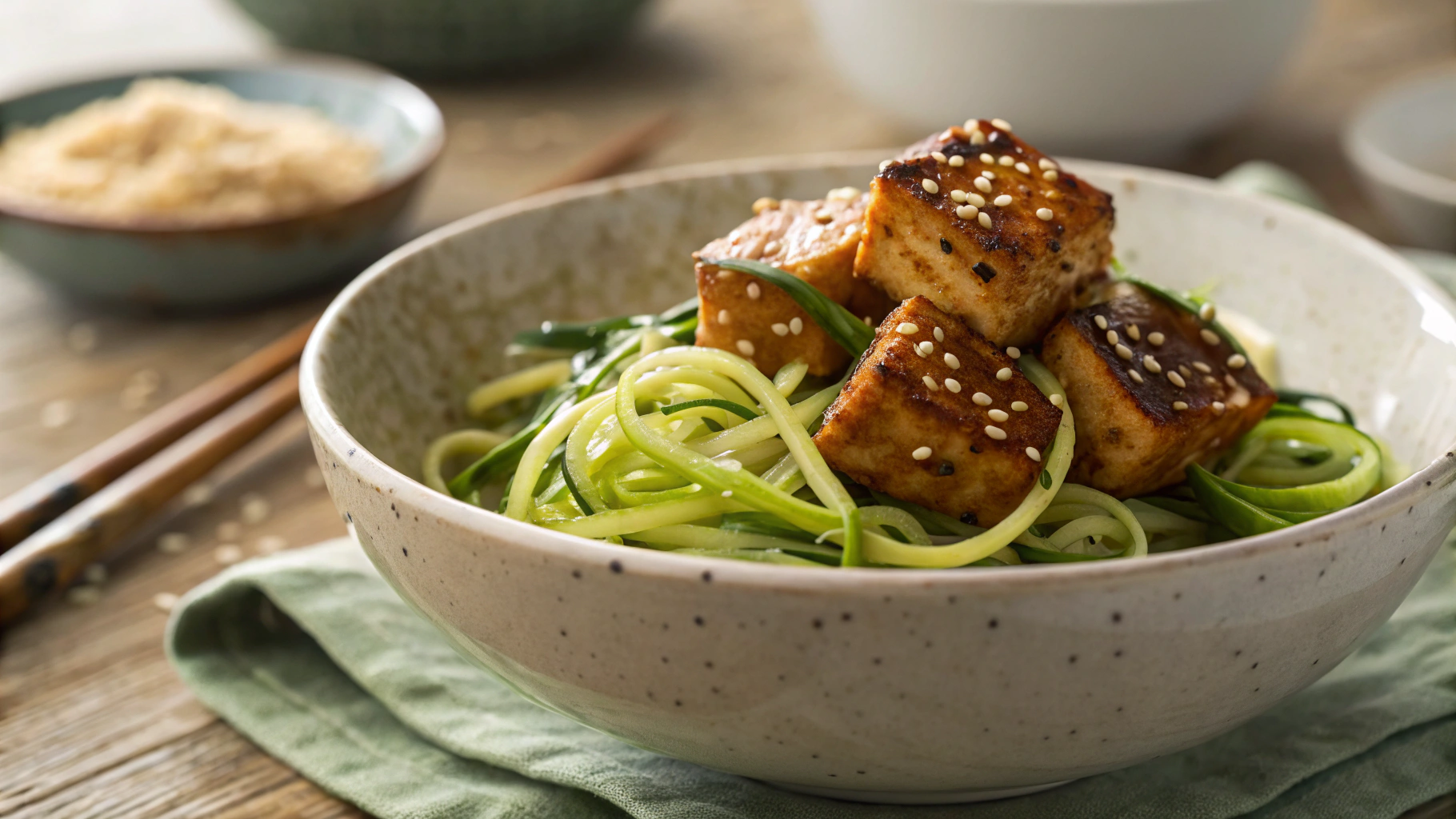 Keto Crispy Sesame Tofu with Zucchini Noodles Meal prep