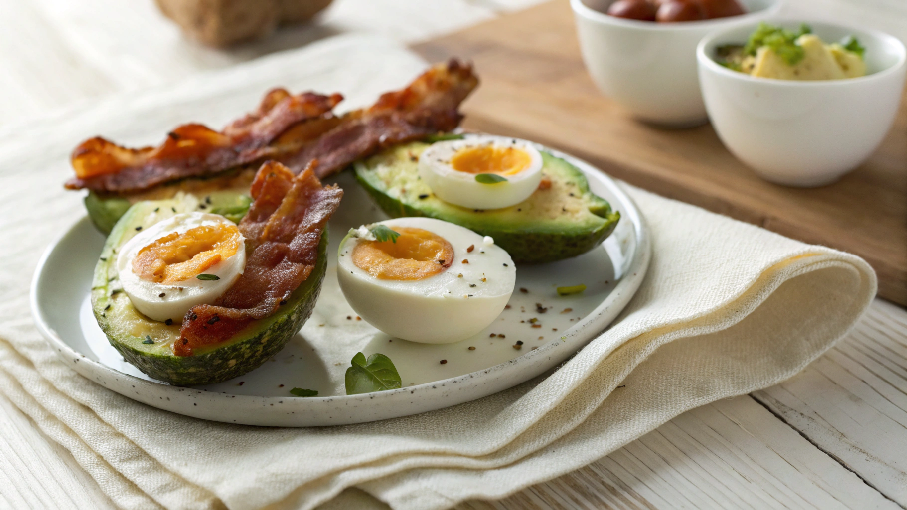 Keto Dippy Eggs with Avocado and Bacon Soldiers