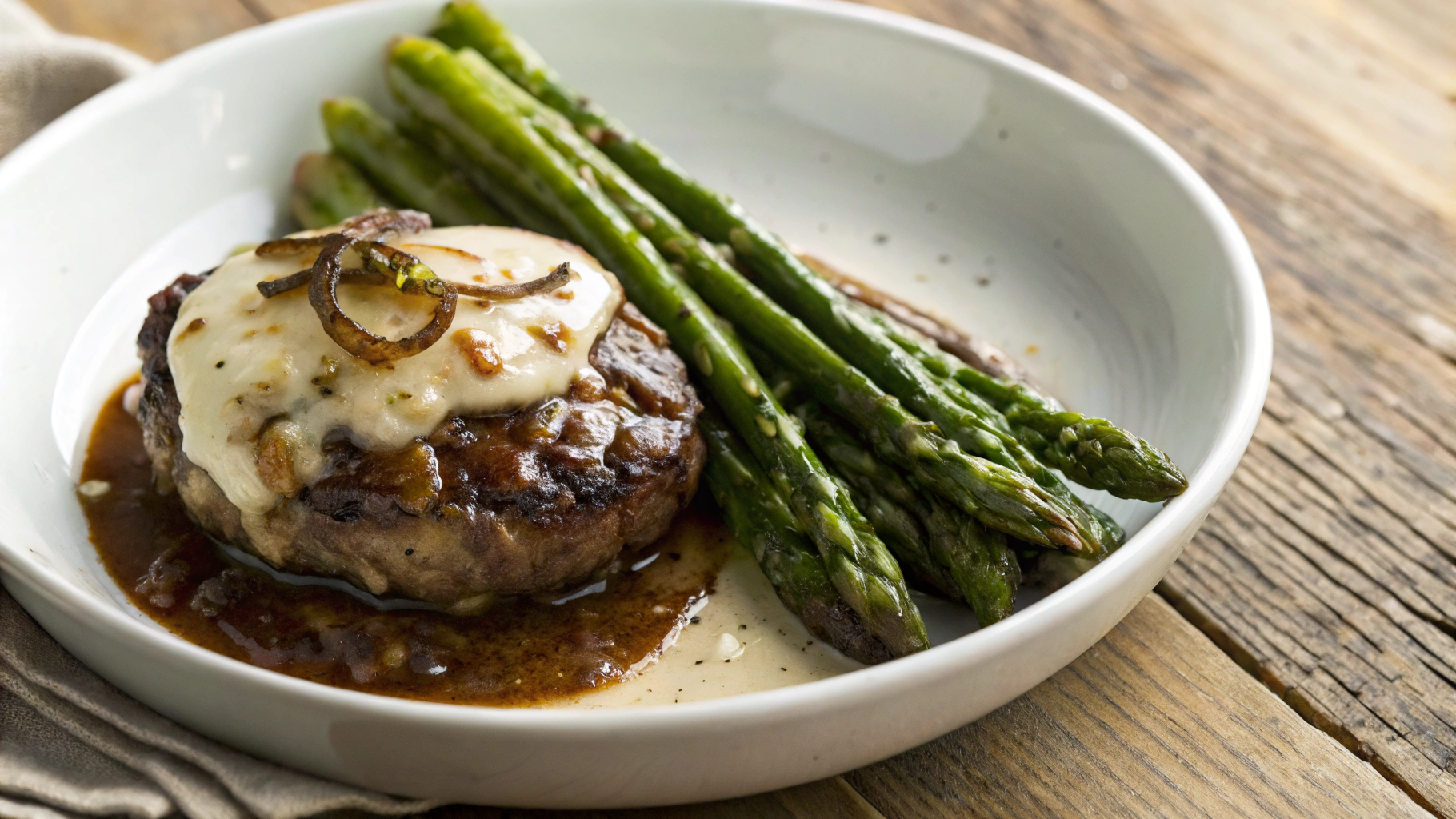Keto French Onion Salisbury Steaks W Charred Asparagus