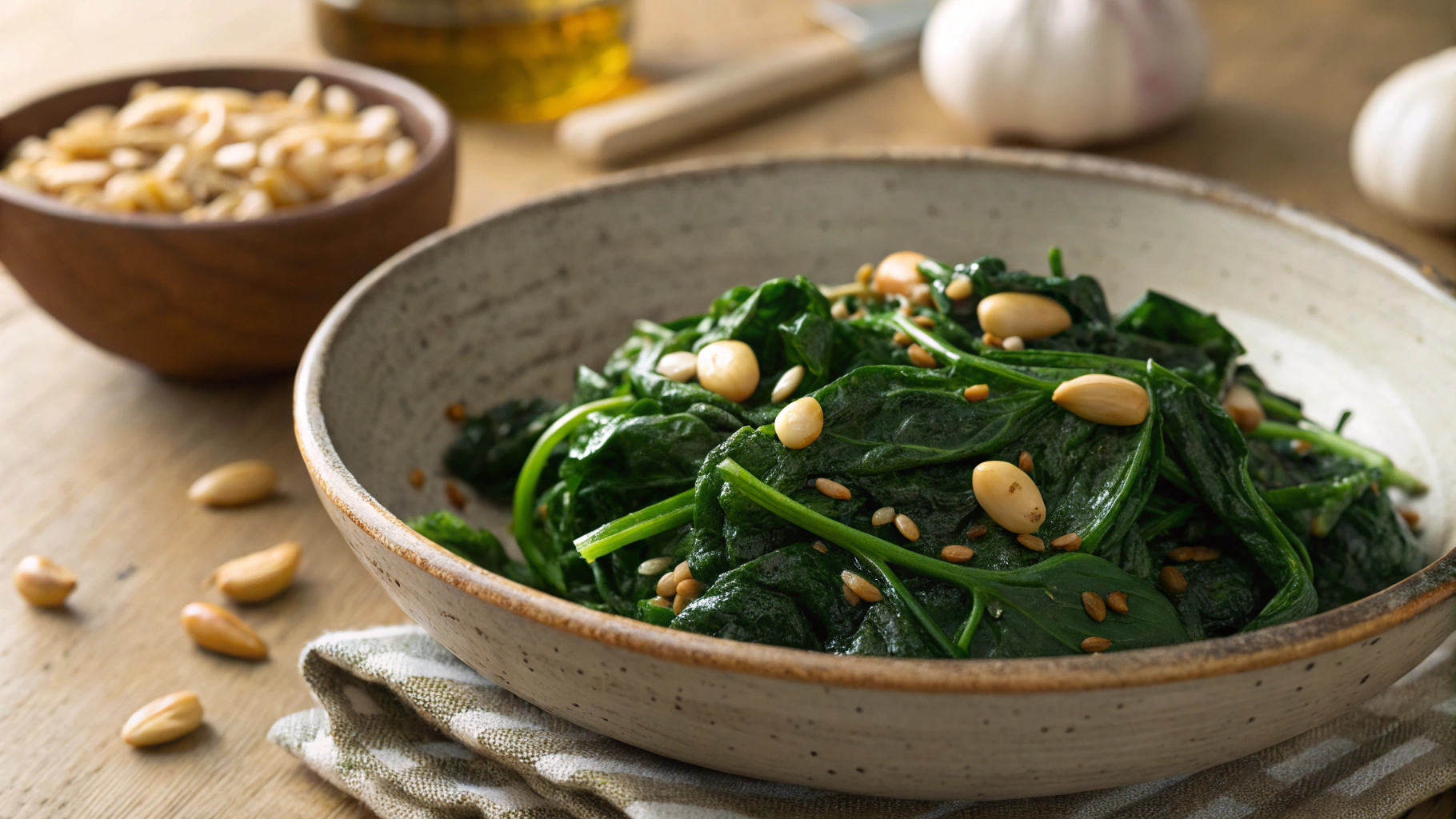 Keto Garlic And Cumin Spinach With Pine Nuts