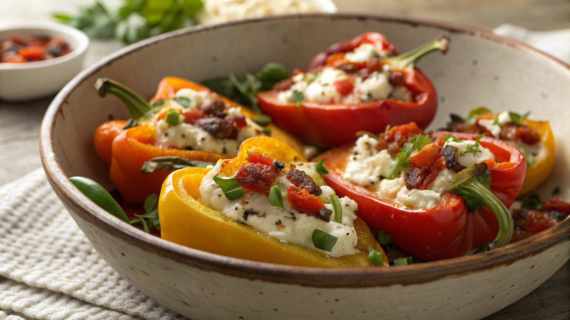 Keto Goats Cheese and Pancetta Stuffed Piquante Peppers