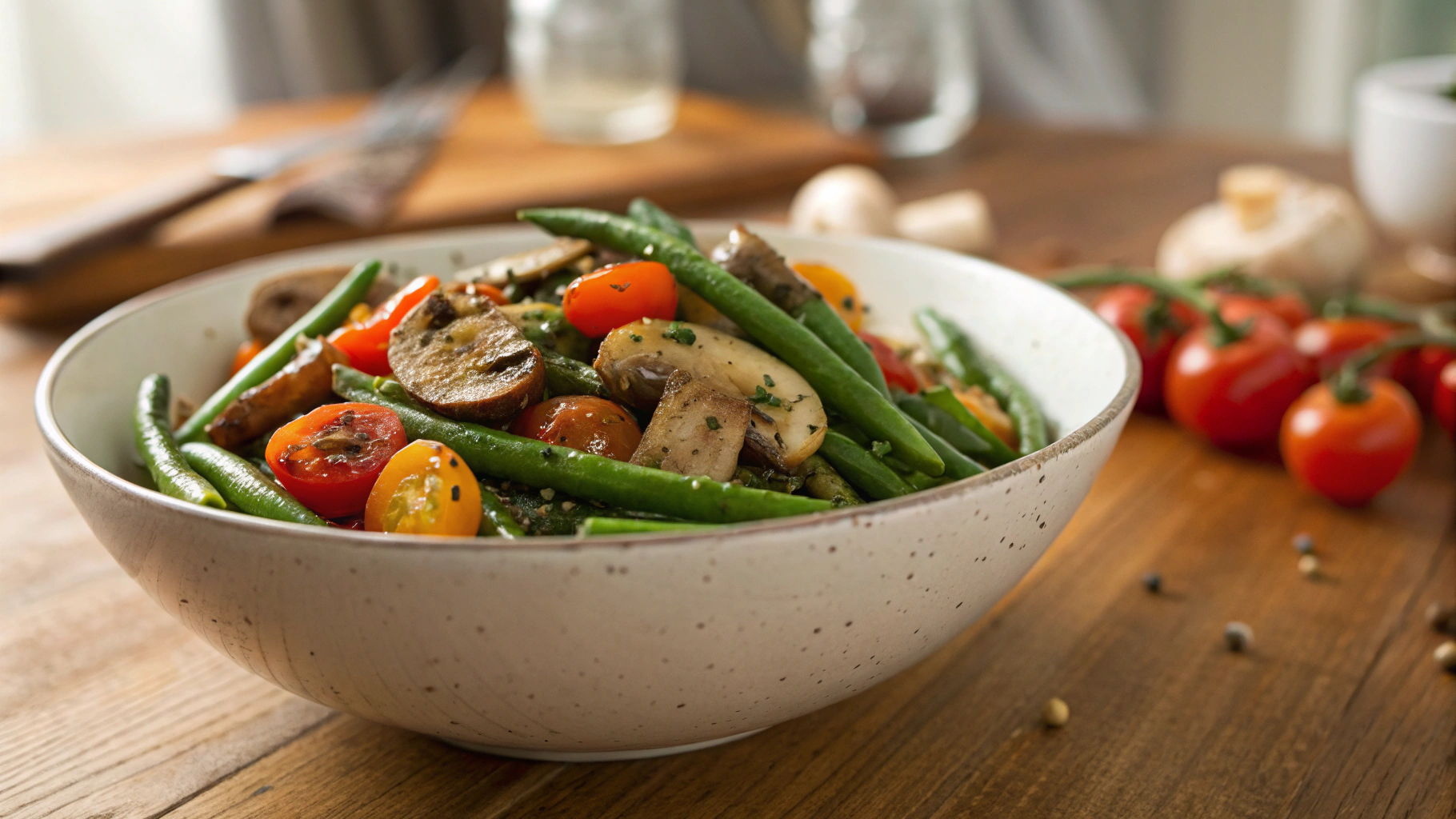 Keto Greens Beans with Mushrooms and Tomatoes
